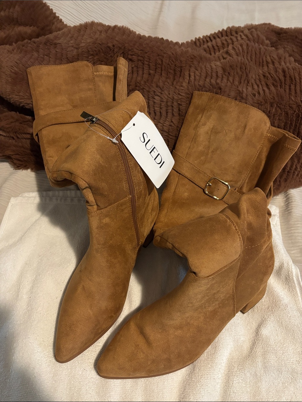 Suede Mid-Calf Pointed Toe Boots in Cognac by
